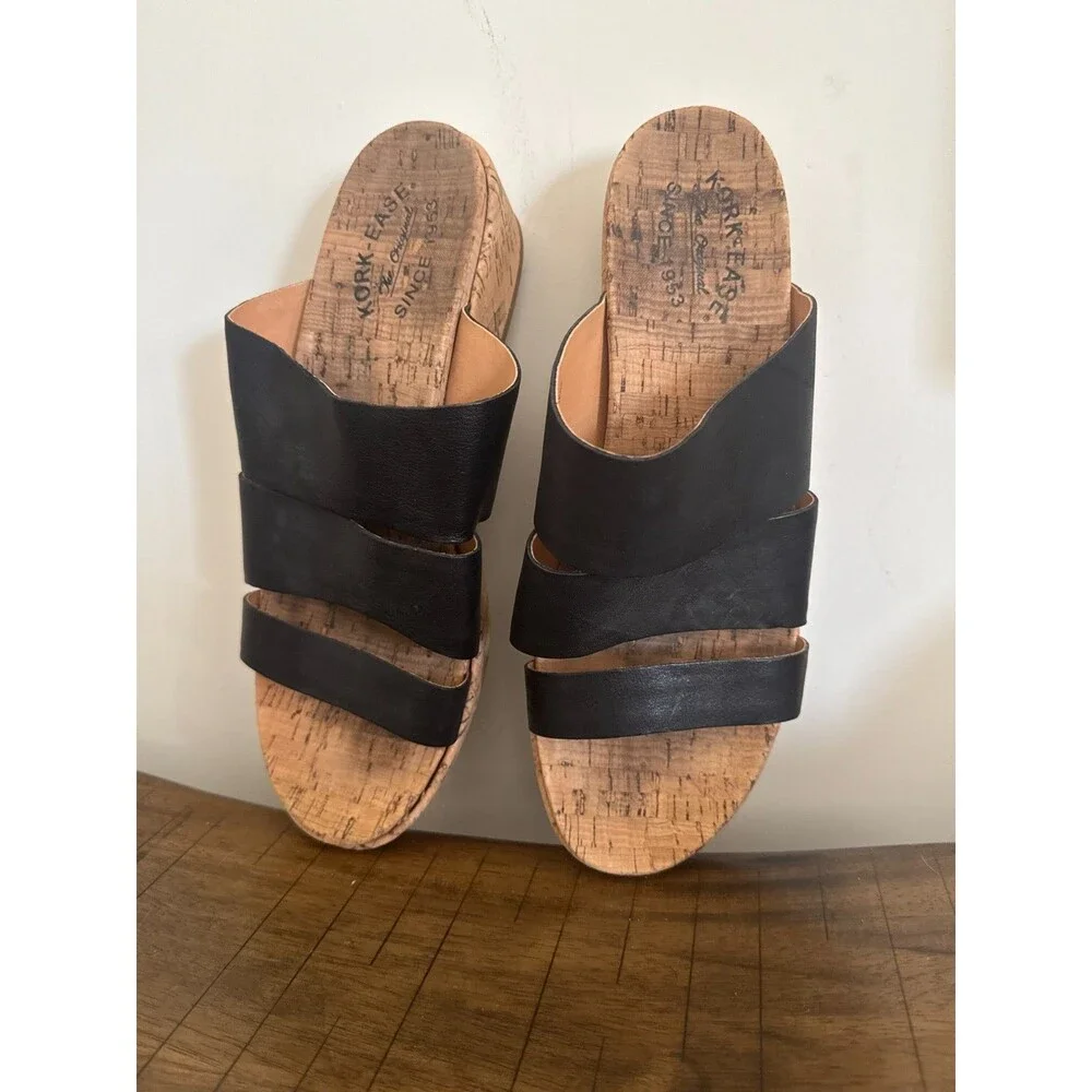 Kork-Ease Black Leather Cork Wedge Slide Sandals Comfort Womens 10M